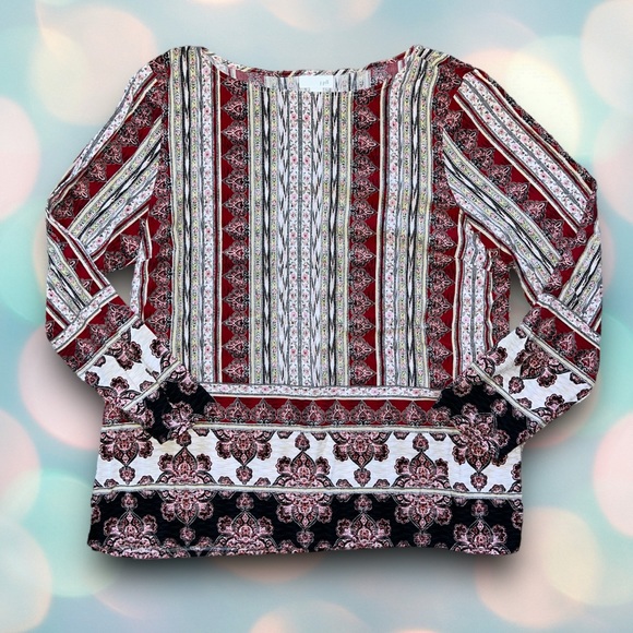 J.Jill Women’s Red Cream Boho Long Sleeve Pattern Shirt Blouse Top Size M - Picture 3 of 6